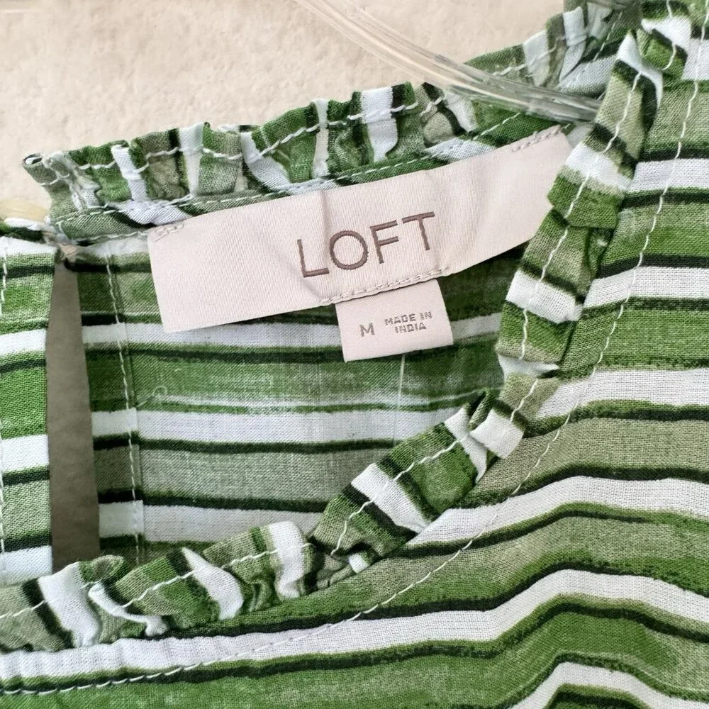 LOFT NWT Green White Striped Shirt Blouse Size Medium Ruffle Sleeves - Picture 4 of 9
